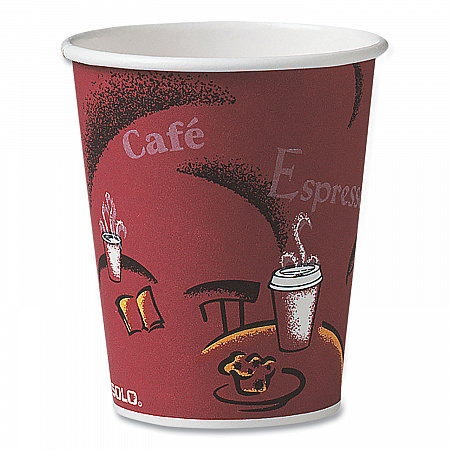 Paper Hot Drink Cups in Bistro Design, 10 oz, Maroon, 50/Pack (370SIPK)