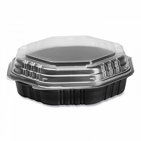 OctaView Hinged-Lid Hot Food Containers, 31 oz, 9.55 x 9.1 x 3, Black/Clear, Plastic, 100/Carton (809011PP94)