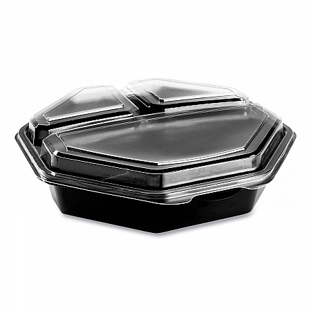 OctaView Hinged-Lid Cold Food Containers, 3 Compartments, 36 oz, 9.57 x 9.2 x 2.4, Black/Clear, Plastic, 100/Carton (864628PS94)
