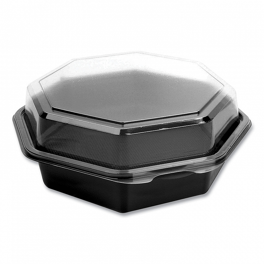 OctaView Hinged-Lid Cold Food Containers, 28 oz, 7.94 x 7.5 x 3.2, Black/Clear, Plastic, 100/Carton (865612PS94)