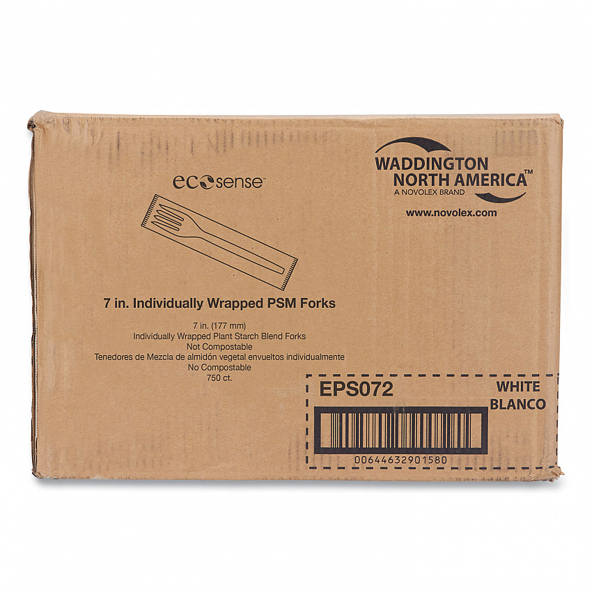 EcoSense Renewable Plant Starch Cutlery, Individually Wrapped, Mediumweight Fork, Plastic, Natural, 750/Carton (EPS072)