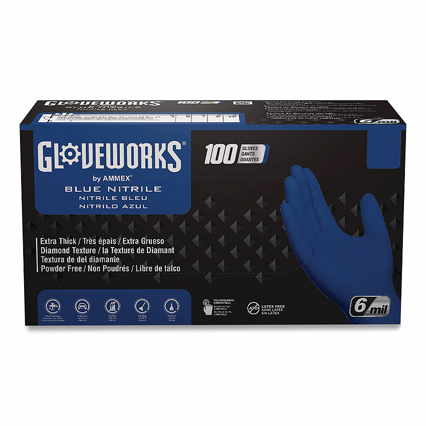 Heavy-Duty Industrial Nitrile Gloves, Powder-Free, Large, 6 mil Thick, 9.5" Long, Royal Blue, 100/Box, 10 Boxes/Carton (GWRBN46100)