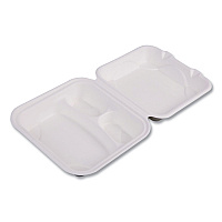 Vanguard Renewable and Compostable Sugarcane Clamshells, 3 Compartments, 8 x 8 x 3, White, 200/Carton (EPHC83NFA)