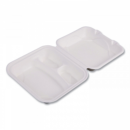 Vanguard Renewable and Compostable Sugarcane Clamshells, 3 Compartments, 8 x 8 x 3, White, 200/Carton (EPHC83NFA)