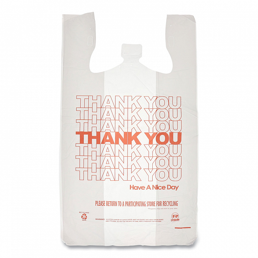 Thank You Bags, Thank You - Have a Nice Day Labeling, Cut-Out Handles, 13" x 8" x 23", White/Red, 1,000/Carton (RPTYB6FS)