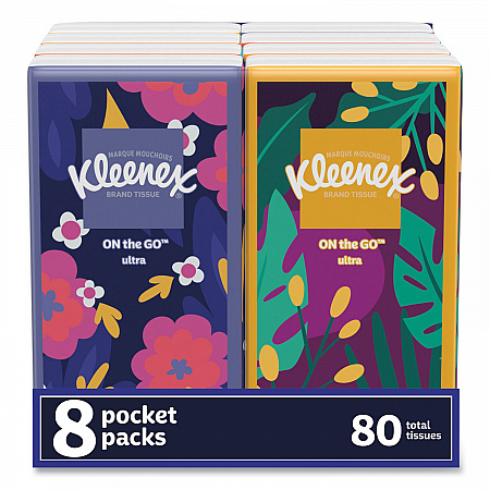 On The Go Packs Facial Tissues, 3-Ply, White, 10 Sheets/Pouch, 8 Pouches/Pack (46651PK)