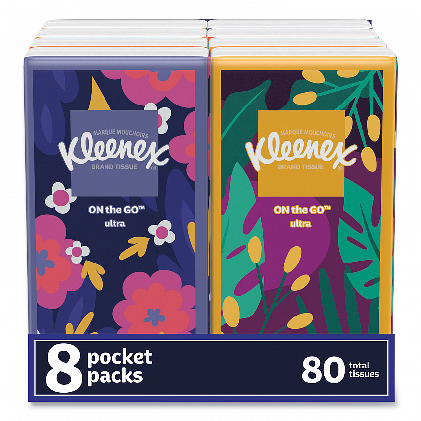 On The Go Packs Facial Tissues, 3-Ply, White, 10 Sheets/Pouch, 8 Pouches/Pack (46651PK)