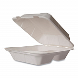 White Molded Fiber Clamshell Containers, Compostable, 3 Compartments, 7.9 x 7.9 x 2.9, White, Sugarcane, 200/Carton (WHBRG83HW)
