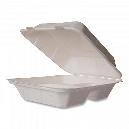 White Molded Fiber Clamshell Containers, Compostable, 3 Compartments, 7.9 x 7.9 x 2.9, White, Sugarcane, 200/Carton (WHBRG83HW)
