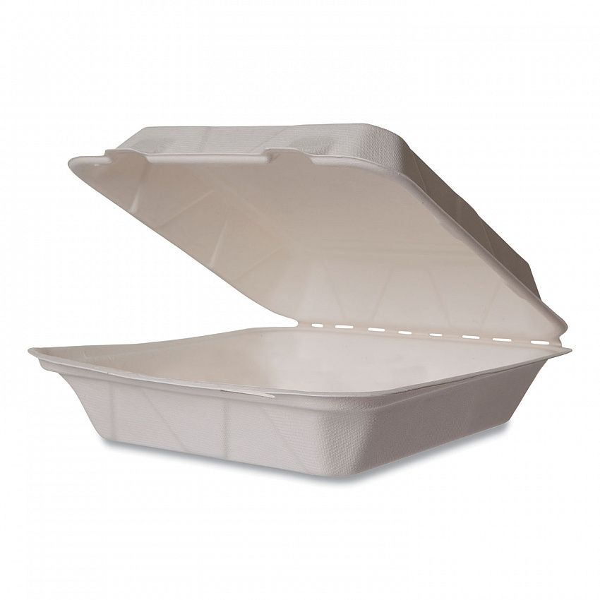 White Molded Fiber Clamshell Containers, Compostable, 9 x 9 x 3, White, Sugarcane, 200/Carton (WHBRG9HW)