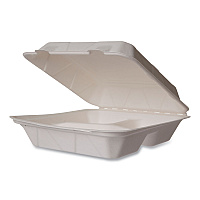 White Molded Fiber Clamshell Containers, Compostable, 3 Compartments, 9 x 18 x 2, White, Sugarcane, 200/Carton (WHBRG93HW)