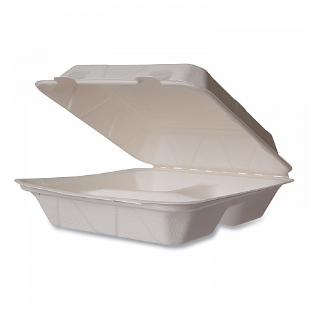 White Molded Fiber Clamshell Containers, Compostable, 3 Compartments, 9 x 18 x 2, White, Sugarcane, 200/Carton (WHBRG93HW)