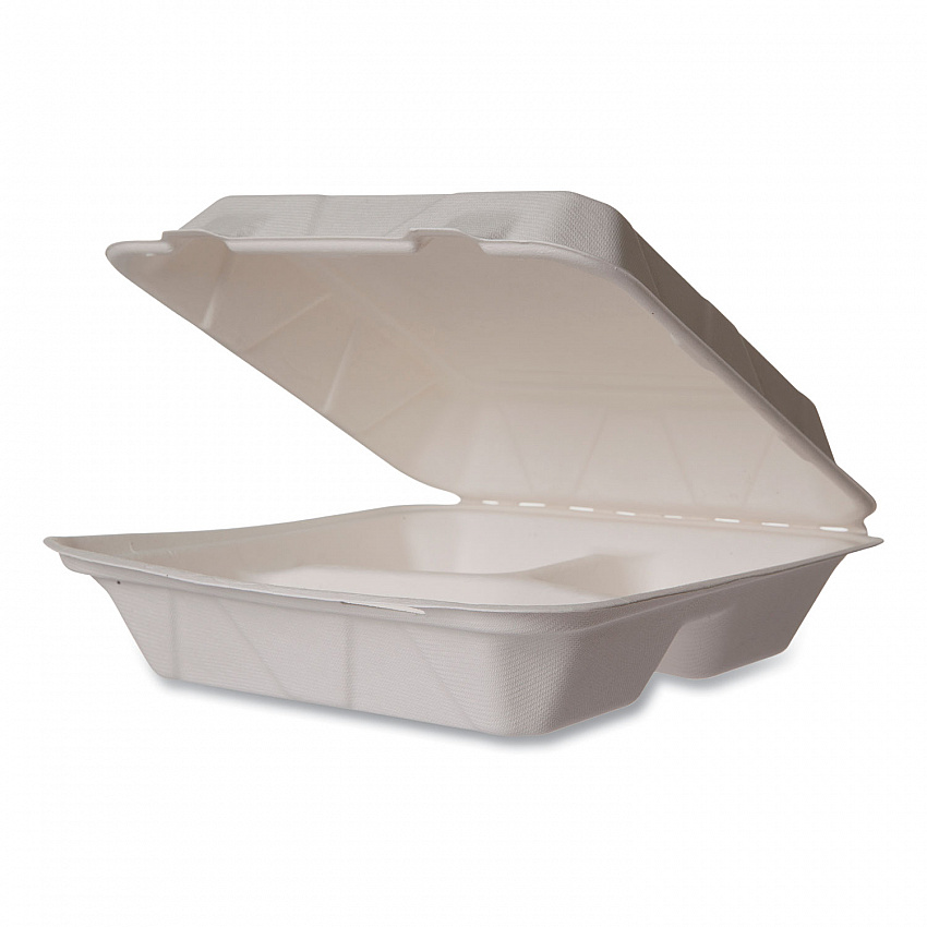 White Molded Fiber Clamshell Containers, Compostable, 3 Compartments, 9 x 18 x 2, White, Sugarcane, 200/Carton (WHBRG93HW)