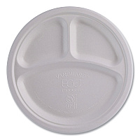 Vanguard Renewable and Compostable Sugarcane Plates, 3-Compartment Plate, 10" dia, White, 500/Carton (EPP007NFA)