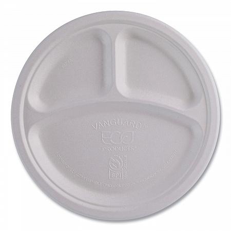 Vanguard Renewable and Compostable Sugarcane Plates, 3-Compartment Plate, 10