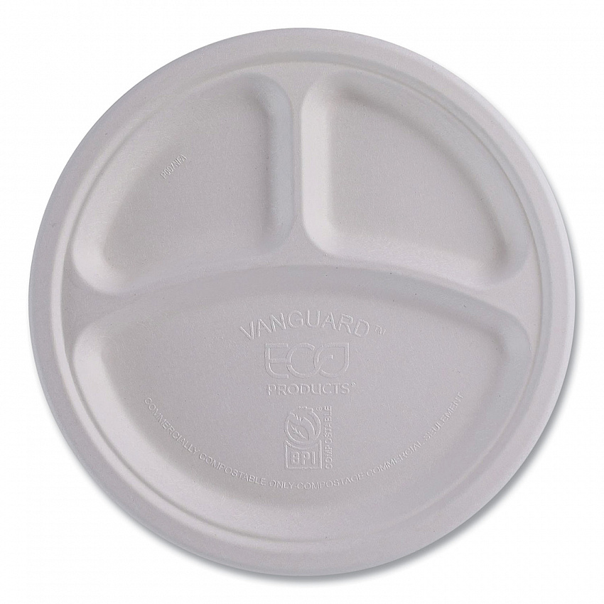 Vanguard Renewable and Compostable Sugarcane Plates, 3-Compartment Plate, 10" dia, White, 500/Carton (EPP007NFA)