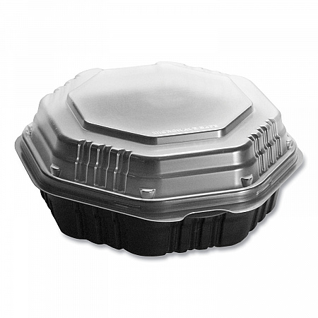 OctaView Hinged-Lid Hot Food Containers, 7.47 x 7.94 x 3.11, Black/Clear, Plastic, 100/Carton (807011PP94)