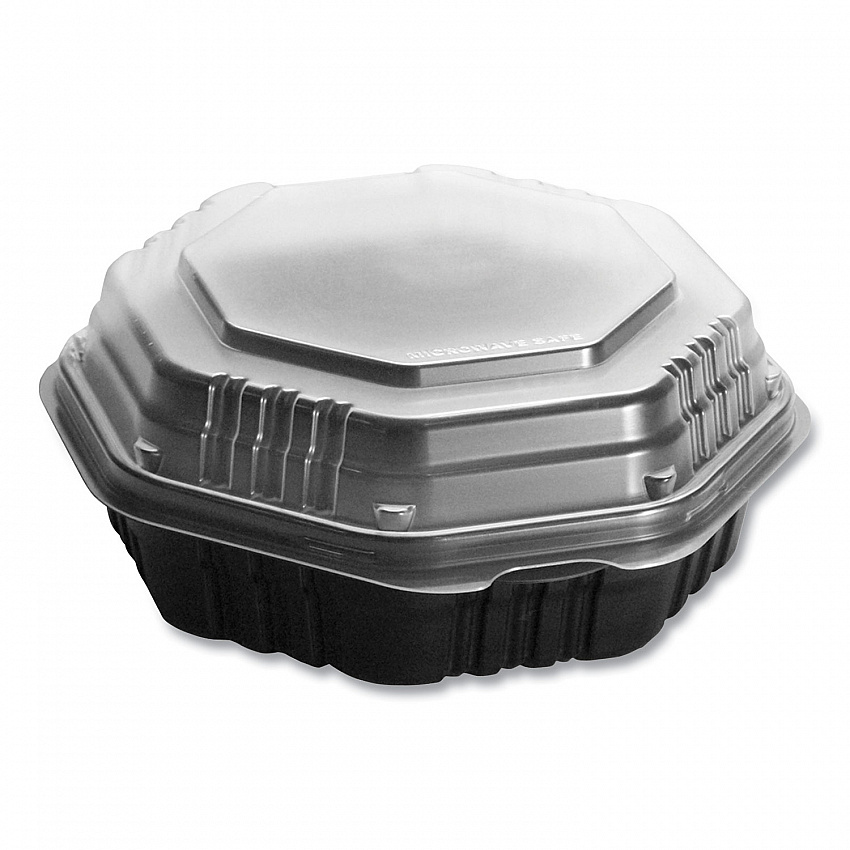 OctaView Hinged-Lid Hot Food Containers, 7.47 x 7.94 x 3.11, Black/Clear, Plastic, 100/Carton (807011PP94)