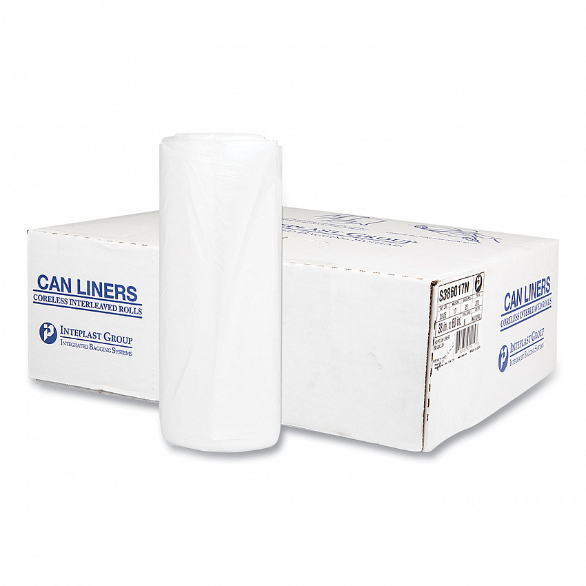 High-Density Commercial Can Liners, 60 gal, 17 mic, 38" x 60", Clear, Interleaved Roll, 25 Bags/Roll, 8 Rolls/Carton (S386017N)