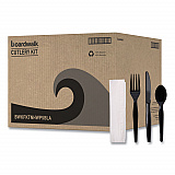 Four-Piece Cutlery Kit, Heavyweight, Fork/Knife/Napkin/Spoon, Plastic, Black, 250/Carton (FKTNHWPSBLA)