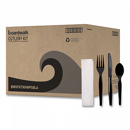 Four-Piece Cutlery Kit, Heavyweight, Fork/Knife/Napkin/Spoon, Plastic, Black, 250/Carton (FKTNHWPSBLA)