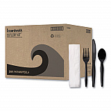Four-Piece Cutlery Kit, Mediumweight, Fork/Knife/Napkin/Spoon, Plastic, Black, 250/Carton (FKTNMWPSBLA)
