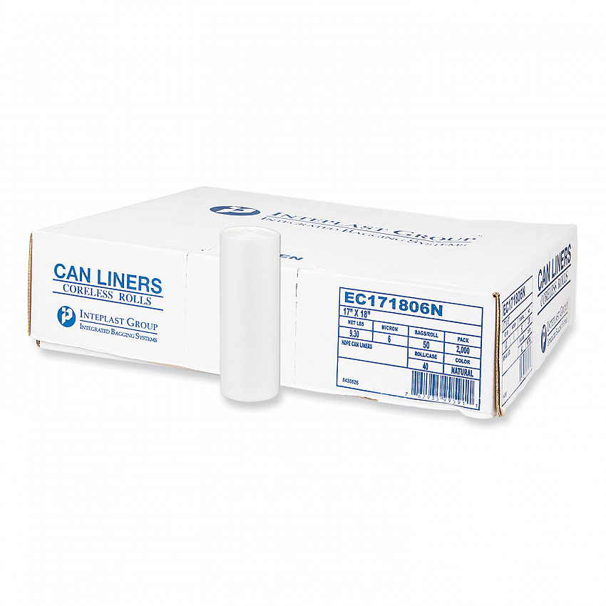 High-Density Commercial Can Liners, 4 gal, 6 mic, 17" x 18", Clear, Perforated Roll, 50 Bags/Roll, 40 Rolls/Carton (EC171806N)