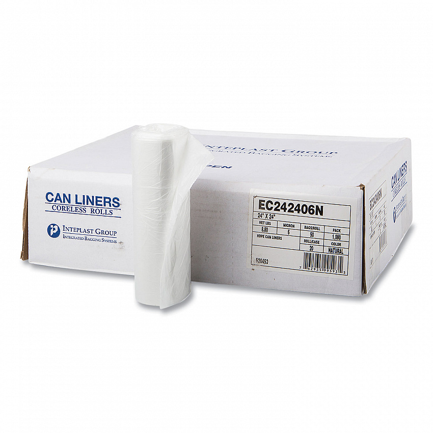 High-Density Commercial Can Liners, 10 gal, 6 mic, 24" x 24", Natural, Perforated Roll, 50 Bags/Roll, 20 Rolls/Carton (EC242406N)