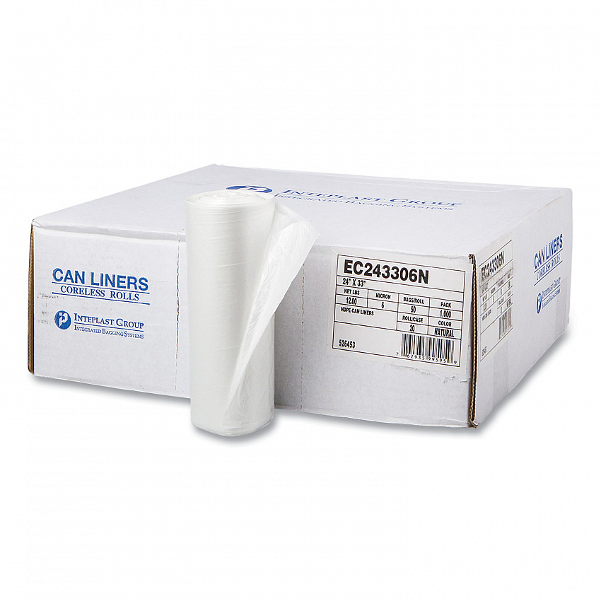 High-Density Commercial Can Liners, 16 gal, 6 mic, 24" x 33", Natural, Perforated Roll, 50 Bags/Roll, 20 Rolls/Carton (EC243306N)