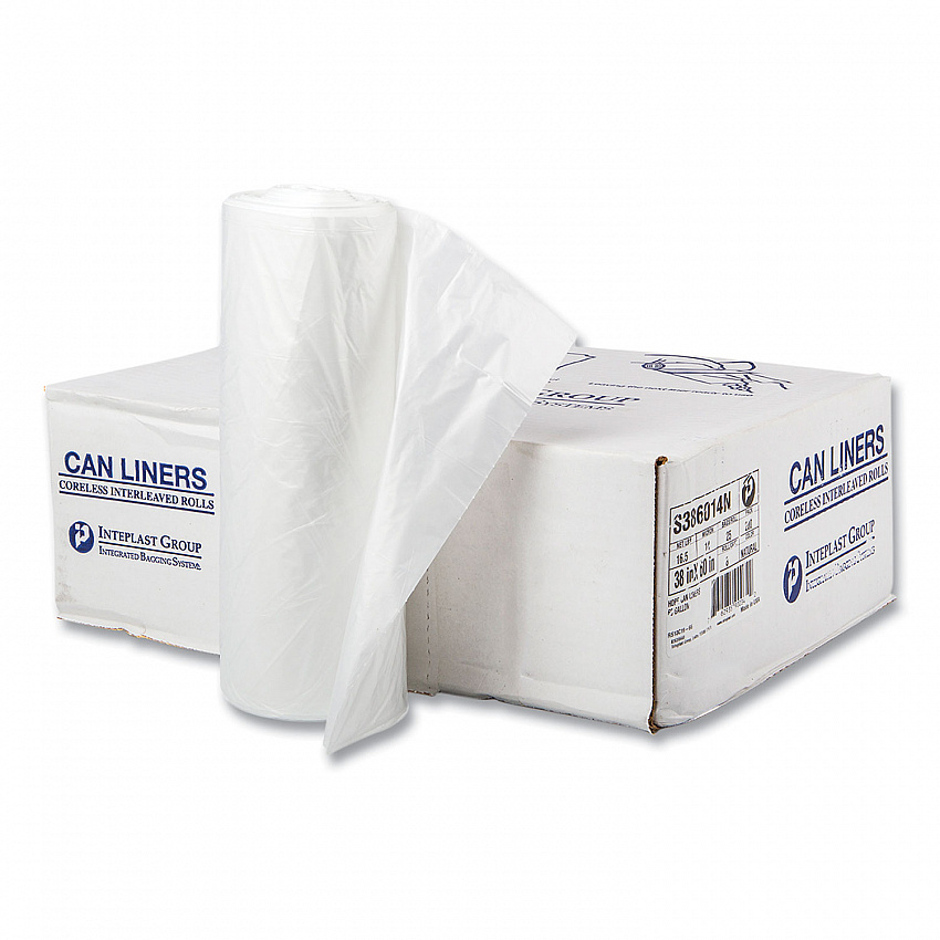 High-Density Commercial Can Liners, 60 gal, 14 mic, 38" x 60", Clear, Interleaved Roll, 25 Bags/Roll, 8 Rolls/Carton (S386014N)