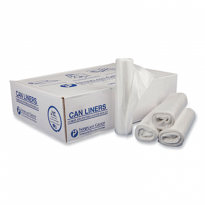 High-Density Commercial Can Liners, 30 gal, 16 mic, 30" x 37", Clear, Interleaved Roll, 25 Bags/Roll, 20 Rolls/Carton (S303716N)