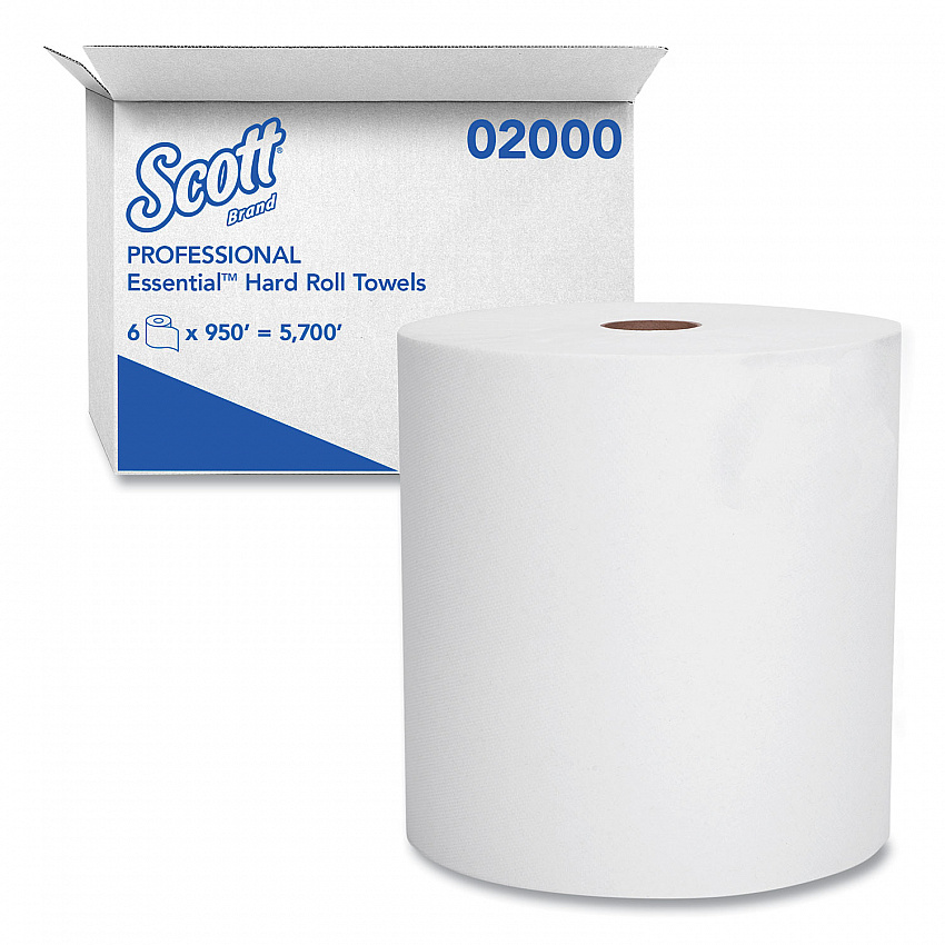 Essential High Capacity Hard Roll Towels for Business, Absorbency Pockets, 1-Ply, 8" x 950 ft, 1.75" Core, White, 6 Rolls/CT (02000)