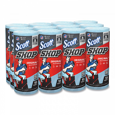 Shop Towels, Standard Roll, 1-Ply, 9.4 x 11, Blue, 55/Roll, 12 Rolls/Carton (75147)