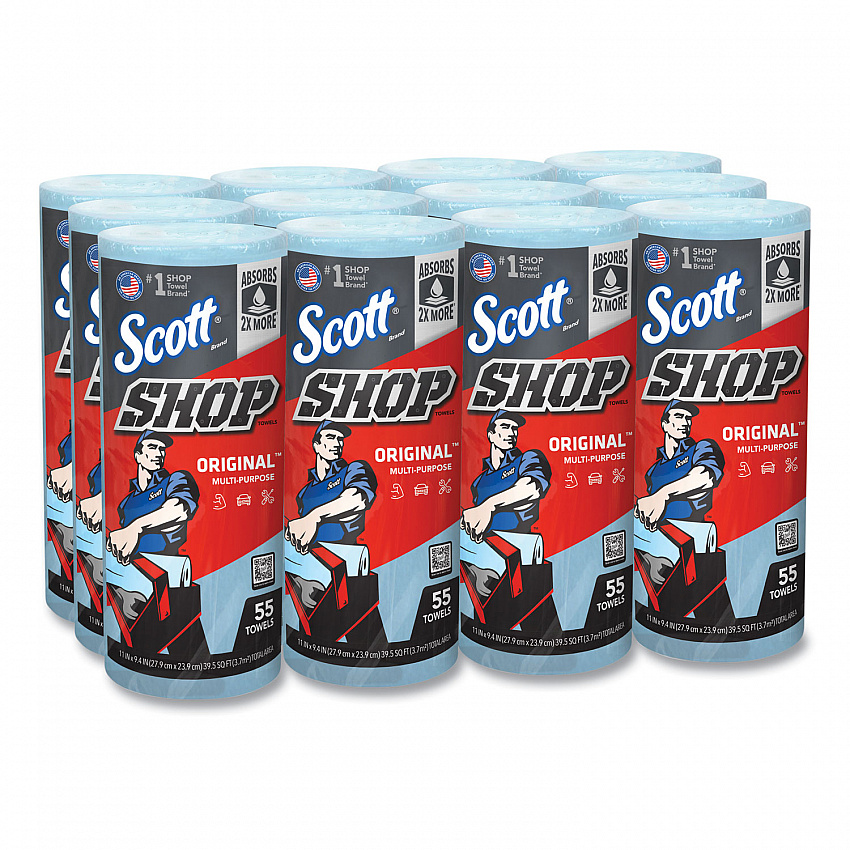 Shop Towels, Standard Roll, 1-Ply, 9.4 x 11, Blue, 55/Roll, 12 Rolls/Carton (75147)