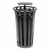 Outdoor Slatted Steel Trash Can, Rain Bonnet Lid, 24 gal, Black (260803BK)