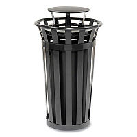 Outdoor Slatted Steel Trash Can, Rain Bonnet Lid, 24 gal, Black (260803BK)