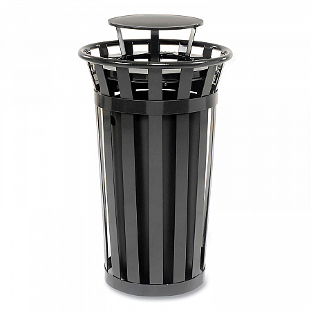 Outdoor Slatted Steel Trash Can, Rain Bonnet Lid, 24 gal, Black (260803BK)