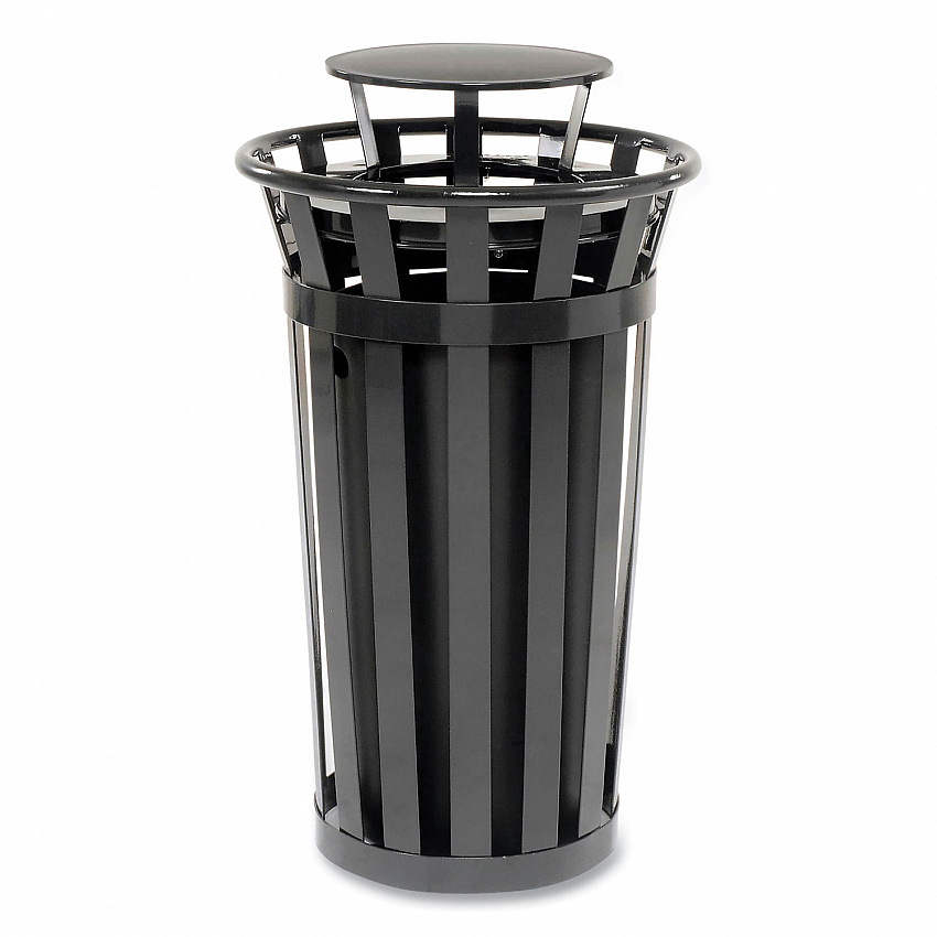 Outdoor Slatted Steel Trash Can, Rain Bonnet Lid, 24 gal, Black (260803BK)