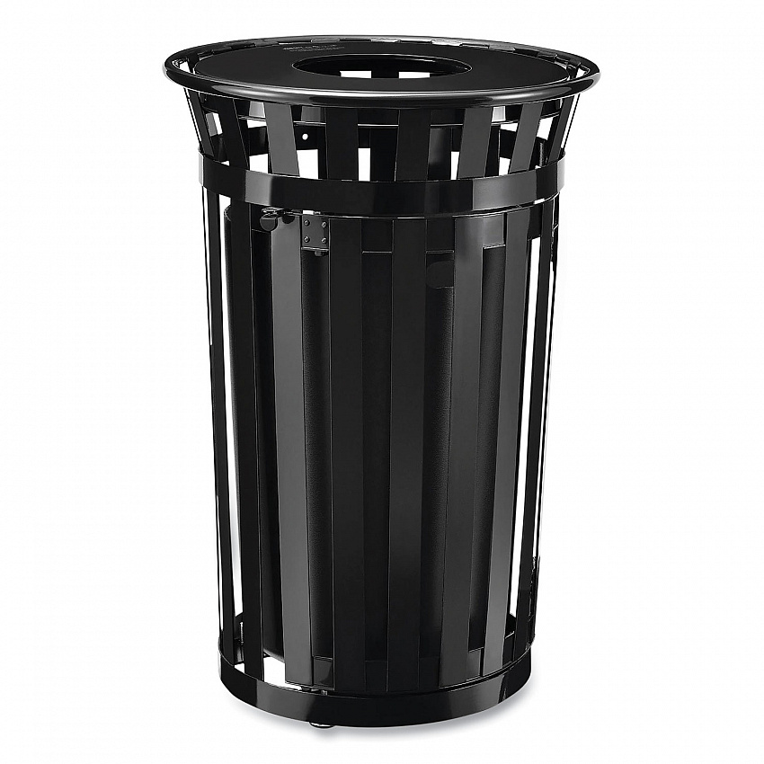 Outdoor Slatted Steel Trash Can, With Access Door, 36 gal, Steel Black (261940BK)
