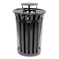 Outdoor Slatted Steel Trash Can, Rain Bonnet Lid, 36 gal, Black (260804BK)