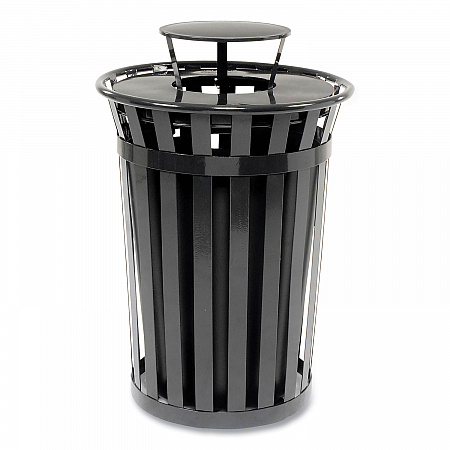 Outdoor Slatted Steel Trash Can, Rain Bonnet Lid, 36 gal, Black (260804BK)