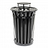 Outdoor Slatted Steel Trash Can, Rain Bonnet Lid, 36 gal, Black (260804BK)