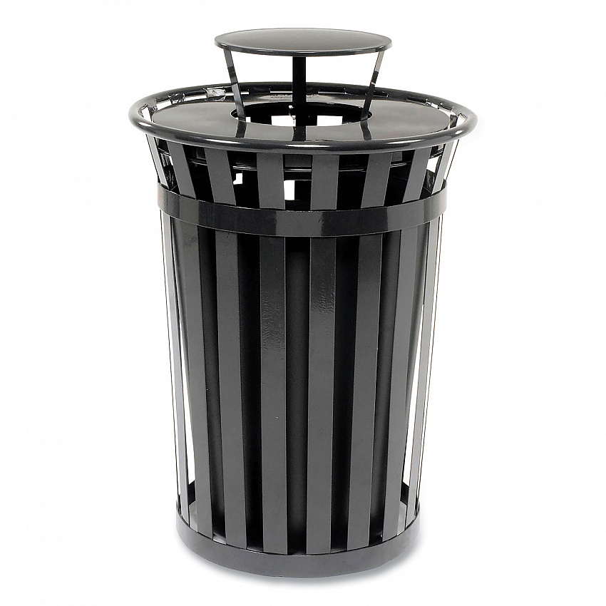 Outdoor Slatted Steel Trash Can, Rain Bonnet Lid, 36 gal, Black (260804BK)