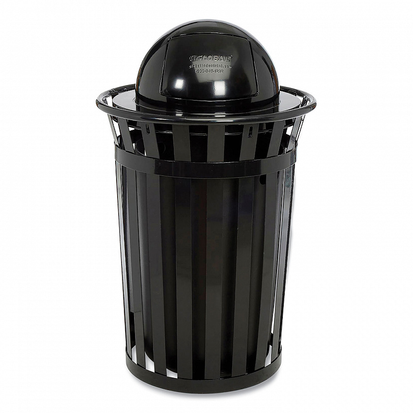 Outdoor Slatted Steel Trash Can, Dome Lid, 36 gal, Black (261944BK)
