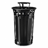 Outdoor Slatted Steel Trash Can, With Access Door and Rain Bonnet Lid, 36 gal, Black (261941BK)