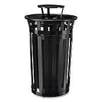 Outdoor Slatted Steel Trash Can, With Access Door and Rain Bonnet Lid, 36 gal, Black (261941BK)