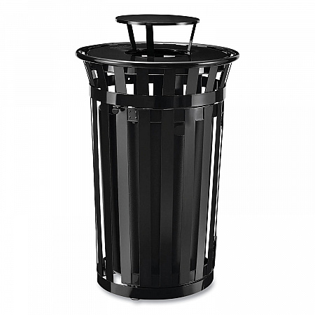 Outdoor Slatted Steel Trash Can, With Access Door and Rain Bonnet Lid, 36 gal, Black (261941BK)