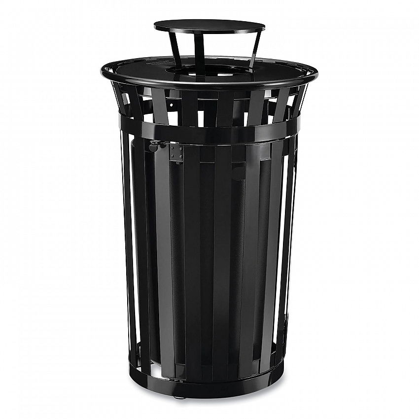 Outdoor Slatted Steel Trash Can, With Access Door and Rain Bonnet Lid, 36 gal, Black (261941BK)