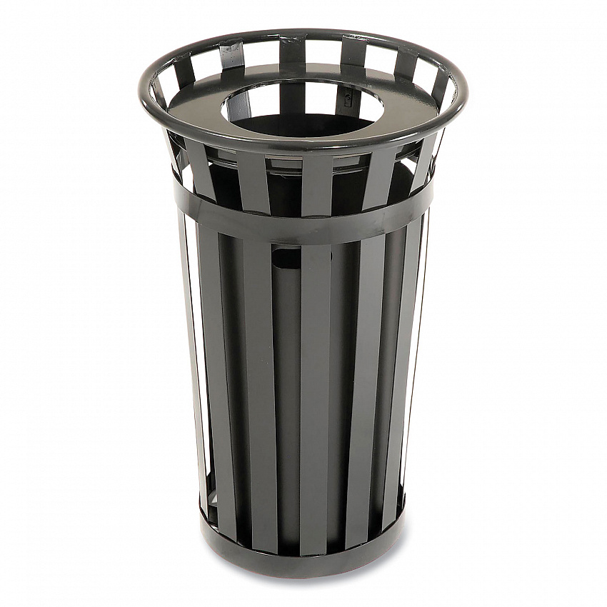Outdoor Slatted Steel Trash Can, 24 gal, Black (237725BK)