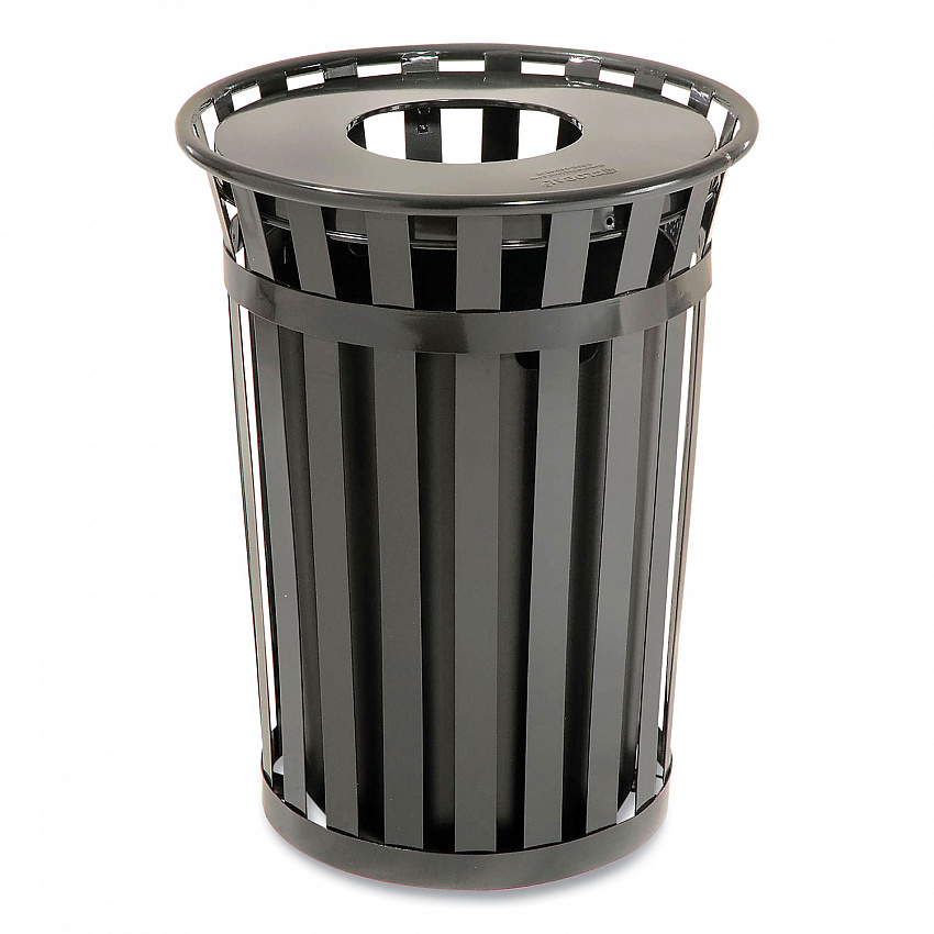 Outdoor Slatted Steel Trash Can, 36 gal, Black (237726BK)
